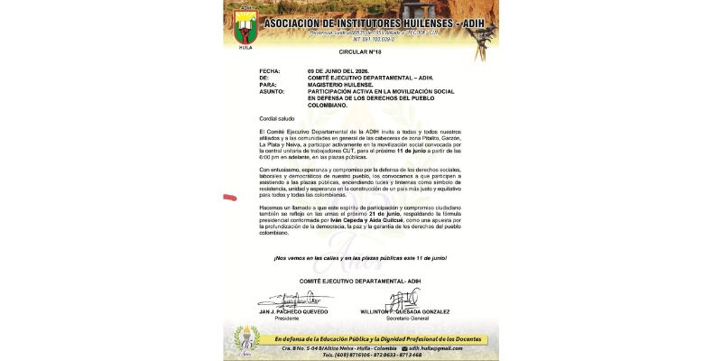 CUT Huila se suma a movilización nacional y convoca concentración frente a la Alcaldía de Neiva