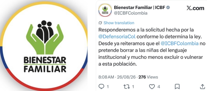 ¡"No pretende borrar a las niñas"! ICBF responde de tajante forma a la Defensoría