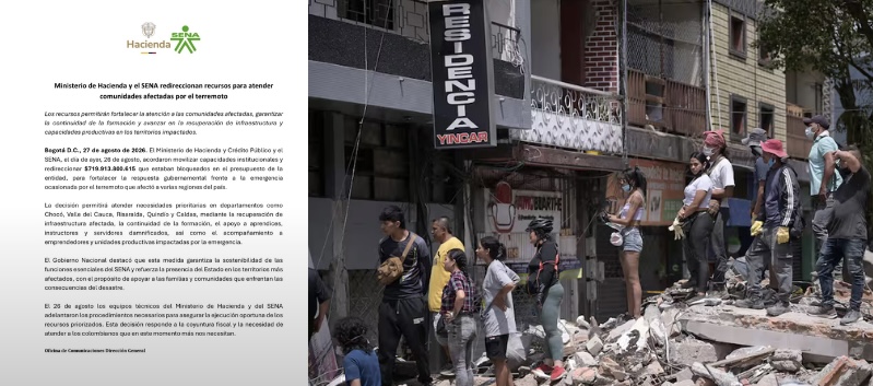 Gobierno redirecciona $719.913 millones del SENA para atender afectados por terremoto