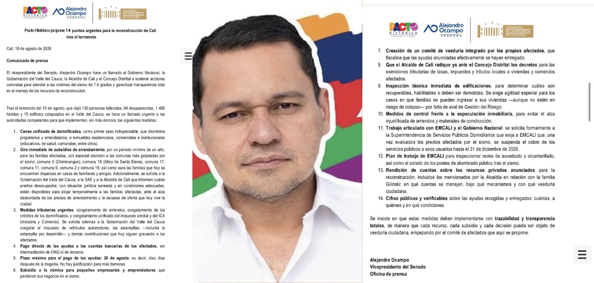 Ocampo propone 14 medidas para atender a los damnificados
